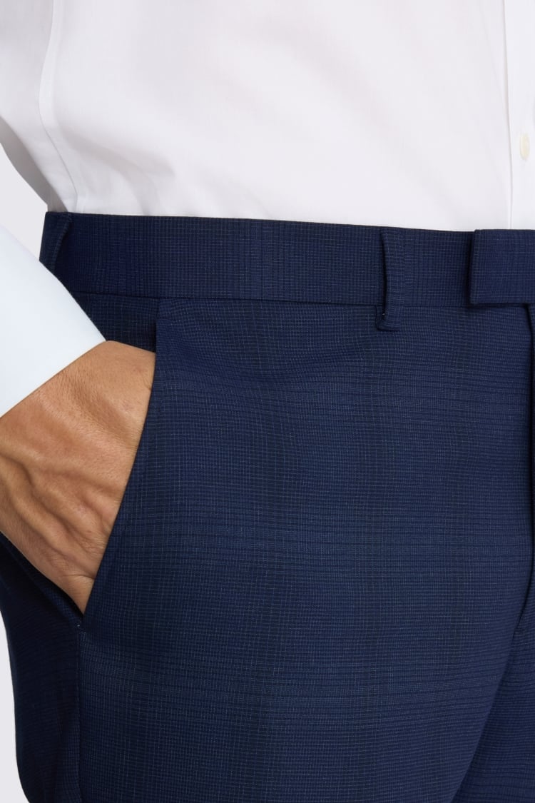 Slim Fit Navy Blue Check Trousers
